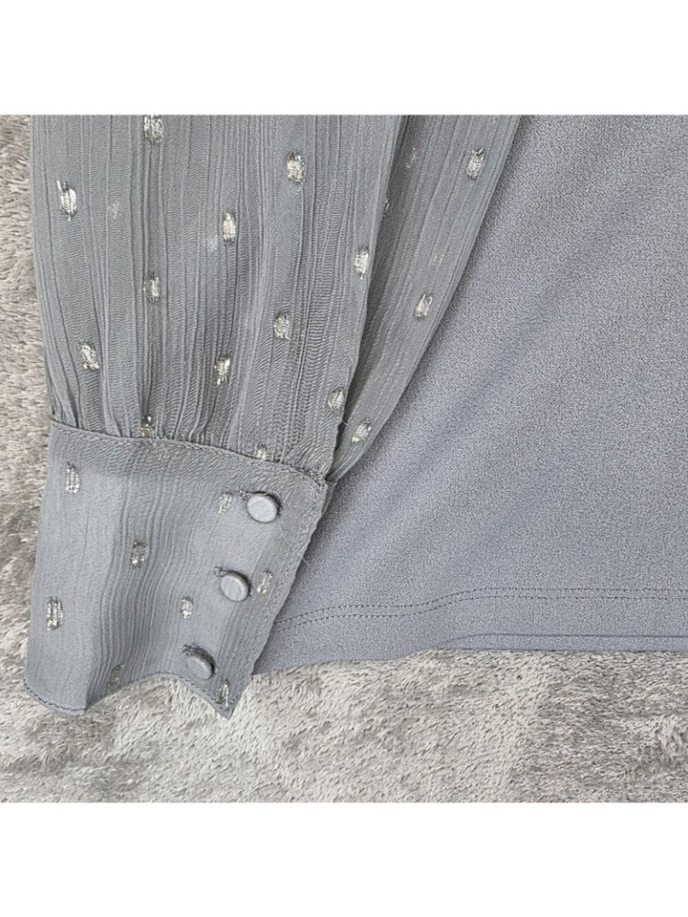 Ann Taylor Blouse Womens M Gray Mock Neck Long Balloon Sleeve Sheer Dot Top - Picture 7 of 11